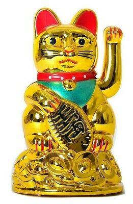 5" Tall Fortune Lucky Gold Cat Kitten Feng Shui Wealth Waving Maneki Beckoning
