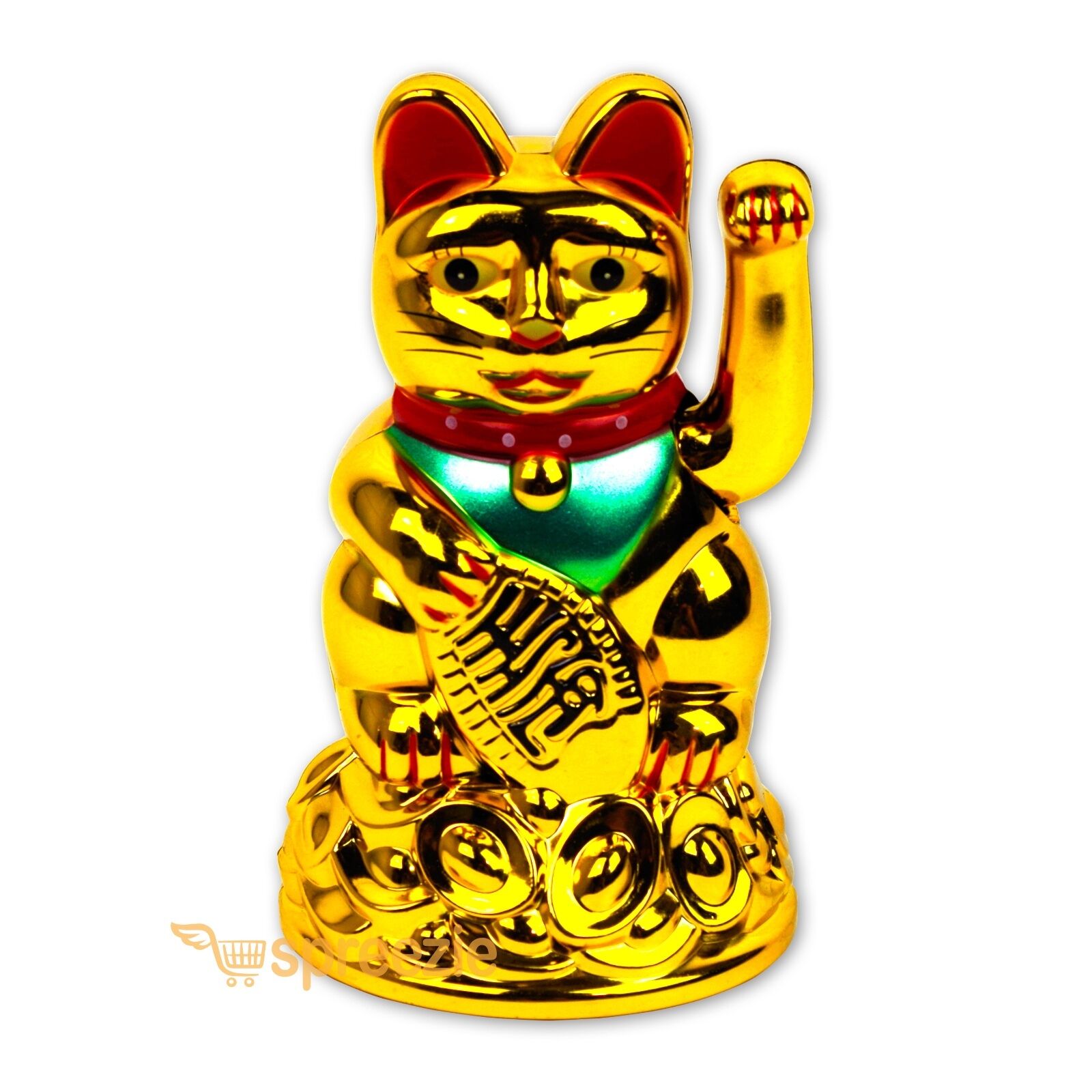 Maneki Neko Beckoning Cat Gold Wealth Lucky Charm Waving Kitty Feng Shui 4" Tall
