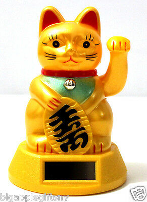 Gold Solar Powered Feng Shui Gold Lucky Beckoning Waving Cat Maneki Neko 5"tall