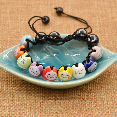 Ceramic Cat Beads Charm Lucky Bracelets For Fortune Money Health Adjustable 1pc